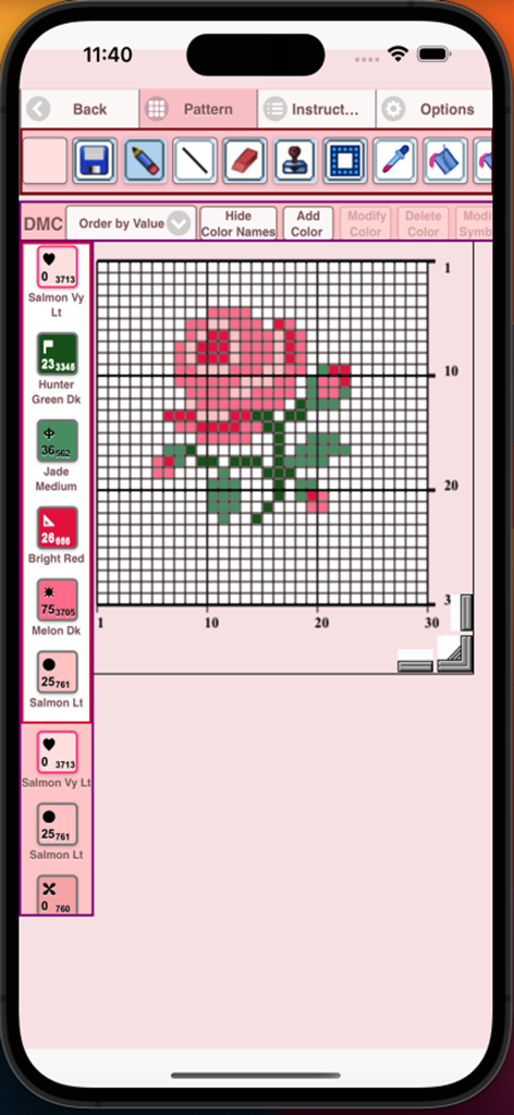 Cross Stitch Pattern Creator - Cross stitch pattern creator app showing a rose design on a grid with DMC floss color codes