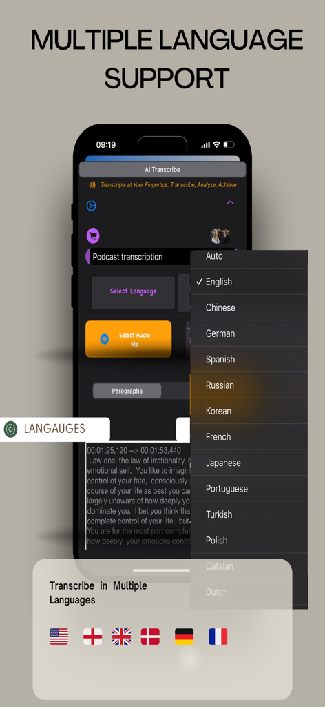 AI Transcribe app interface showing a list of supported languages for audio and video transcription