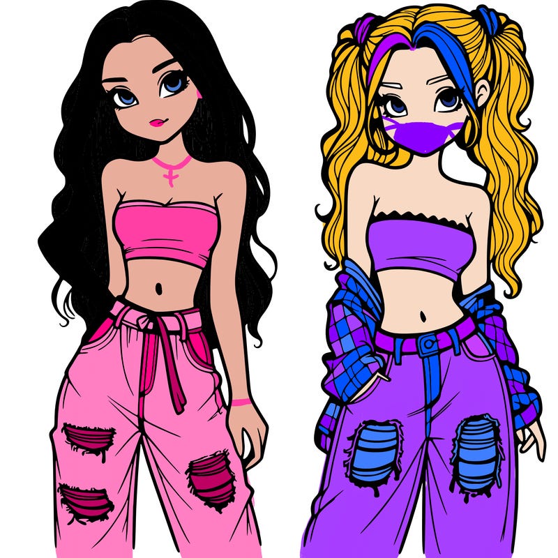 2 girls in crop tops and baggy jeans ripped