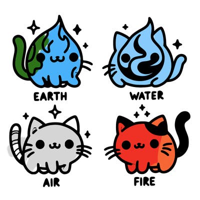 4 cats that represent the different elements, earth, water, air, and fire