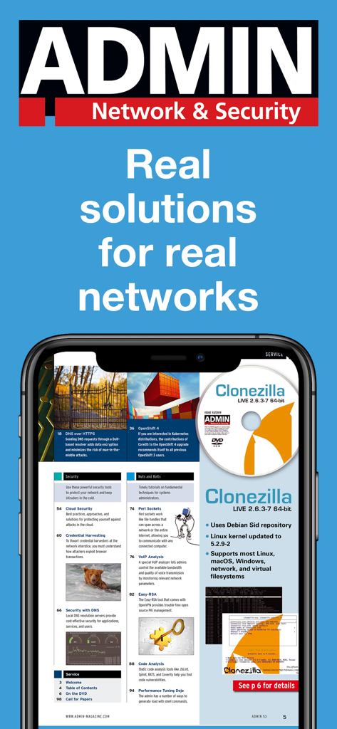 Digital edition of ADMIN Magazine showing technical articles on network security and IT administration.