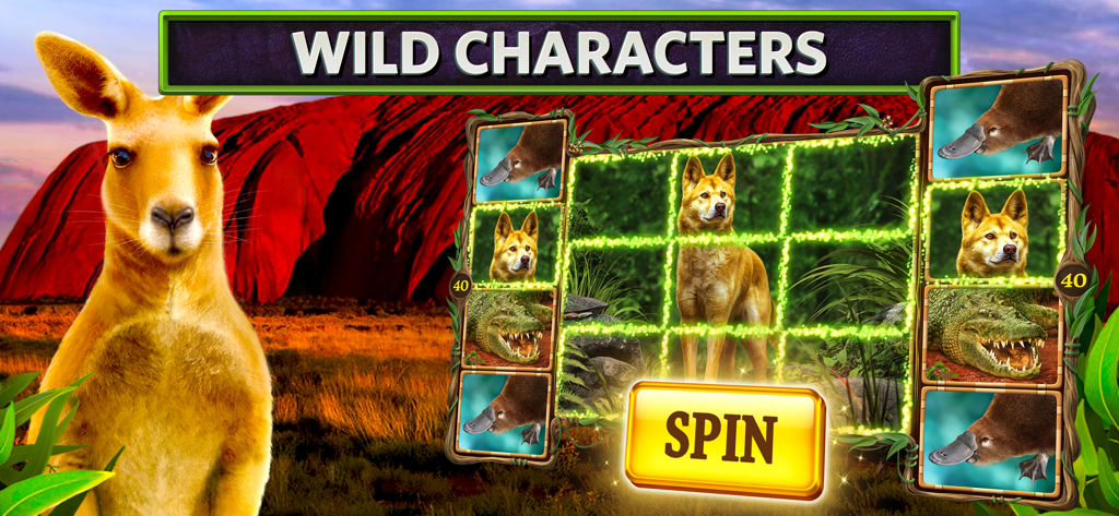 Interfaccia di gioco di Slots on Tour che mostra il tema della fauna selvatica australiana con simboli di canguro e dingo