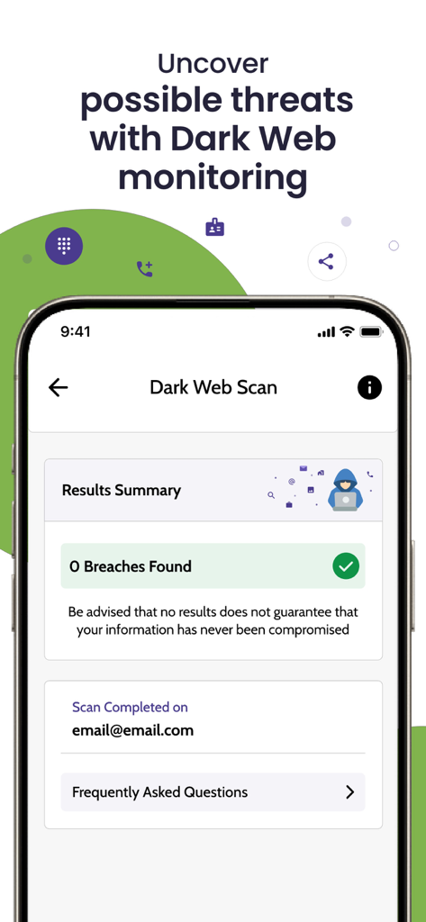 BeenVerified: People Search - BeenVerified app Dark Web Scan results showing zero breaches found for security protection