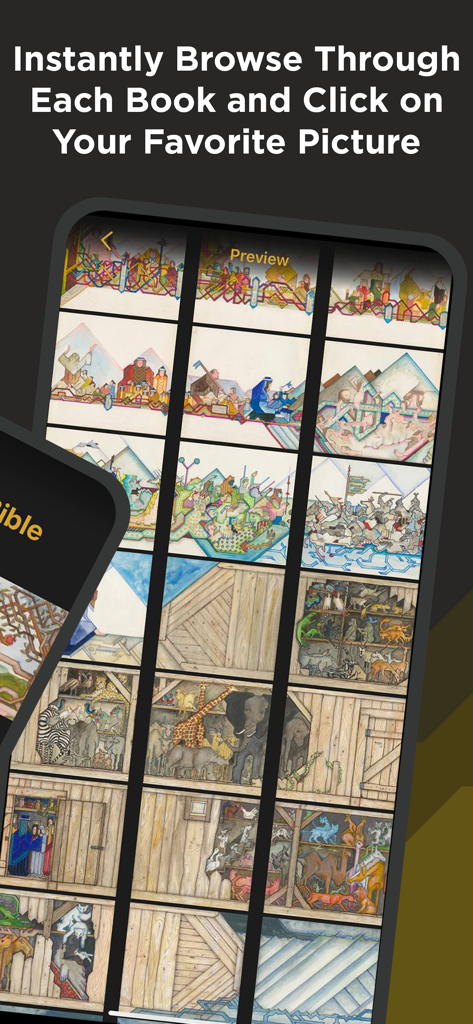 Grid of hand-painted biblical illustrations in the Wiedmann Bible app showing various scenes from the Ark.