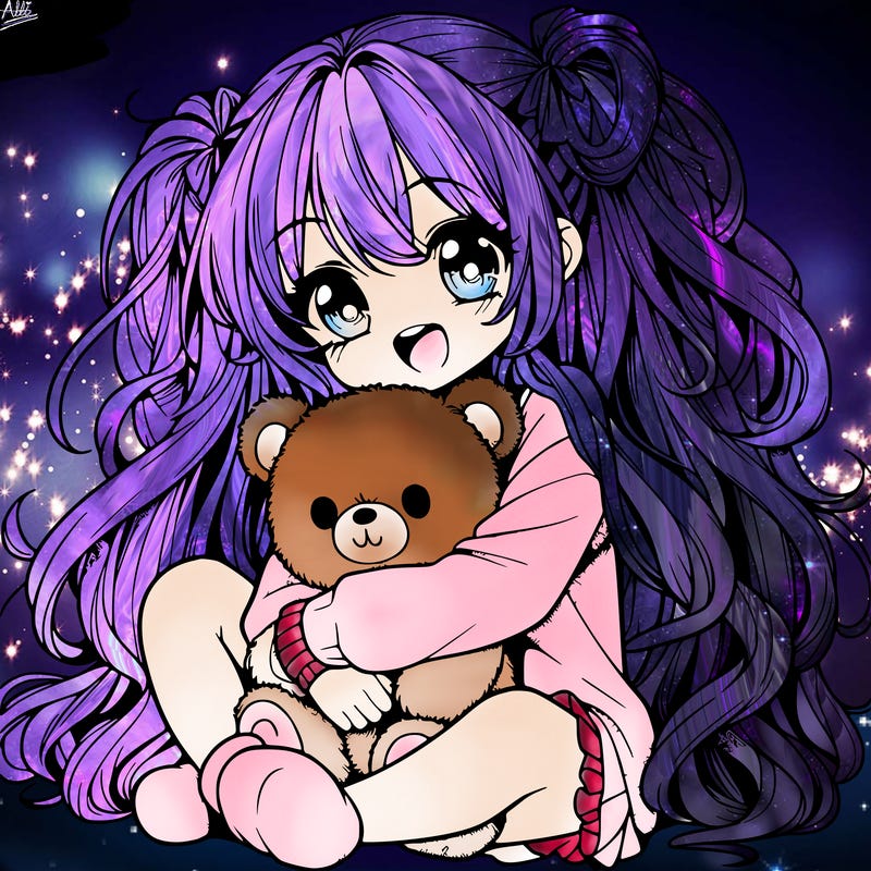 manga girl, long curly hair, happy, cuddling a teddy bear