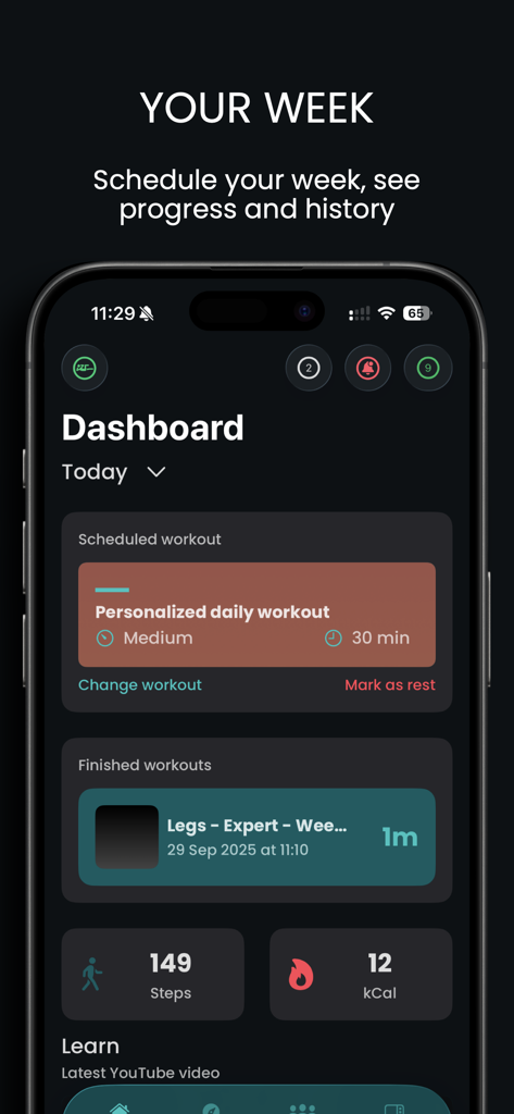 Caliverseアプリのダッシュボードで、スケジュールされた毎日のワークアウトとフィットネスの進捗状況の追跡を表示