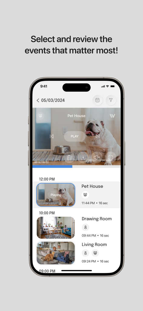 InstaVision: Smart & Safe Home - Pantalla de la aplicación móvil InstaVision mostrando una lista de eventos de seguridad grabados de cámaras del hogar con un reproductor de video en la parte superior