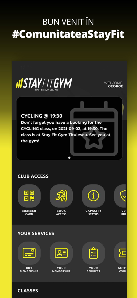 Stay Fit Gym mobile app dashboard showing a cycling class booking reminder and menu icons for member card and memberships.