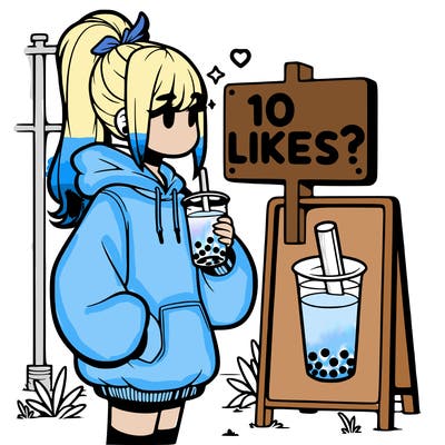 girl with oversized hoodie drinking boba and she has a high ponytail with a sign that says 10likes?