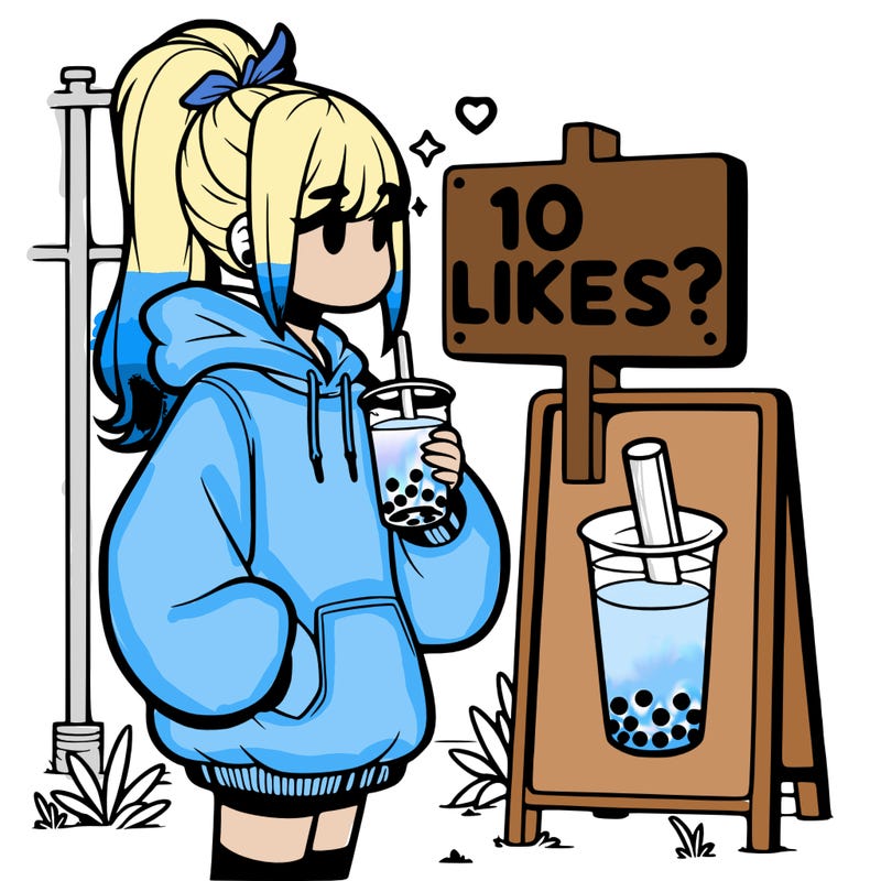 girl with oversized hoodie drinking boba and she has a high ponytail with a sign that says 10likes?