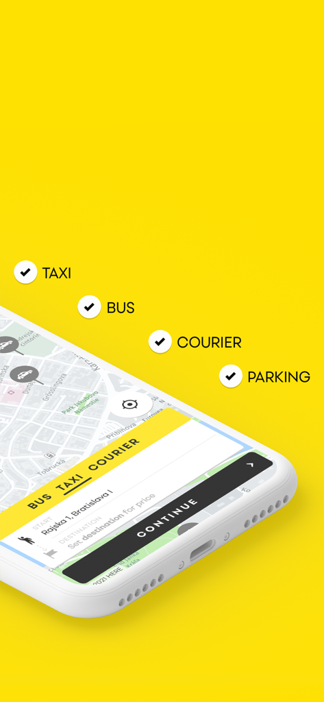 HOPIN - tap for transport - A mobile smartphone displaying the HOPIN app interface with services for taxi, bus, courier, and parking against a bright yellow background.