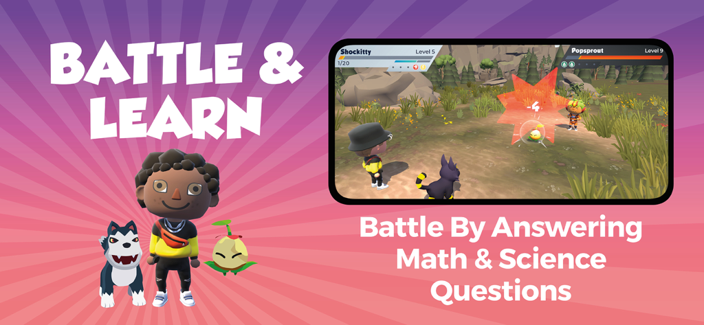 Awakening – Fun Math Games - Une image promotionnelle pour Awakening Fun Math Games montrant une bataille de jeu entre créatures et un avatar personnalisé avec le texte Battle and Learn