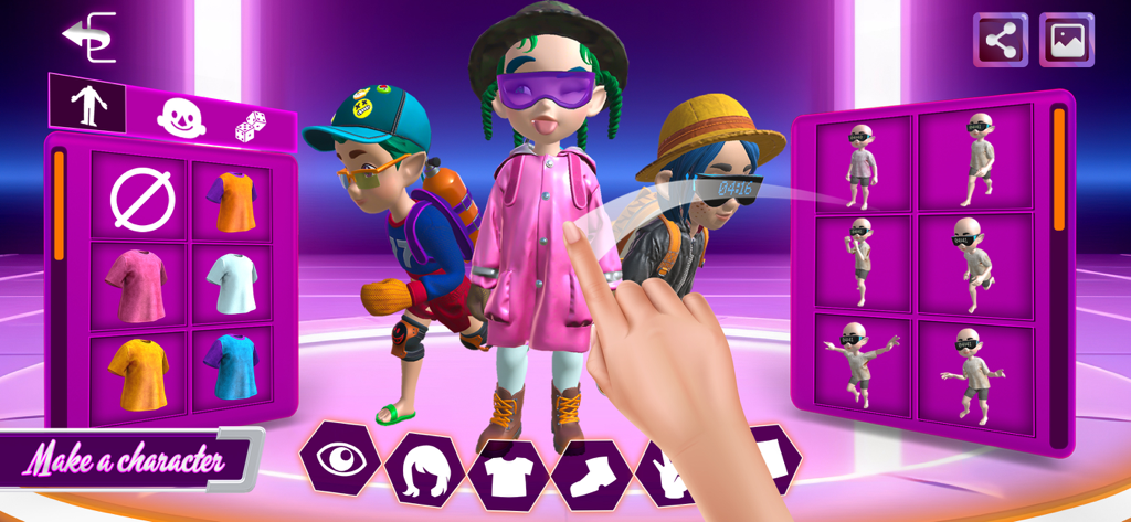 Character Maker : Anime Avatar - Una pantalla de creador de personajes en 3D que muestra varios atuendos y opciones de pose para avatares de anime