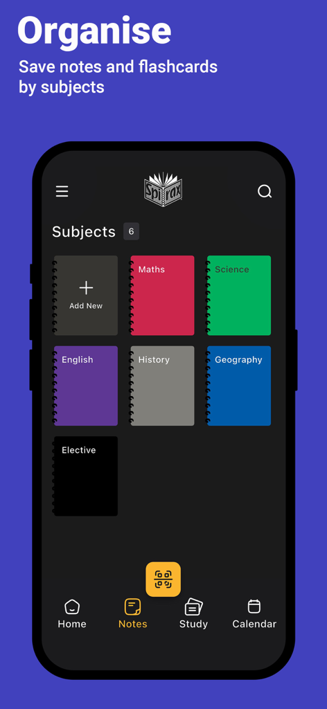 Spirax Study App - A mobile interface from the Spirax Study App showing digital notebooks organized by school subjects like Maths, Science, and English.
