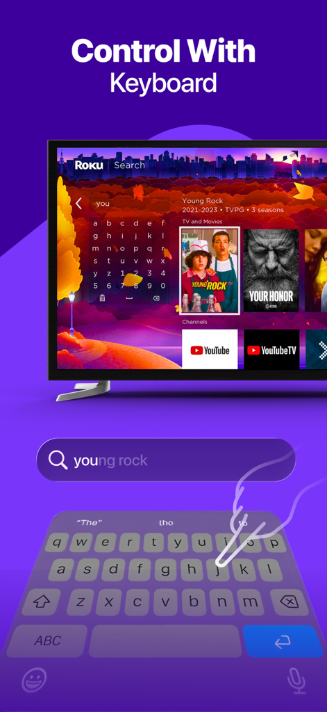 User typing on a smartphone keyboard to search for a movie on a Roku TV