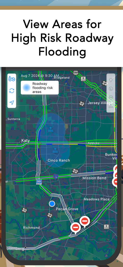 A map from the Houston TranStar app showing high-risk roadway flooding areas with blue circular overlays on Houston area roads.