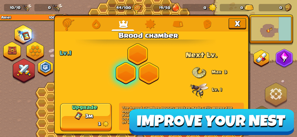 Pocket Bees: Colony Simulator - Interface of the brood chamber upgrade screen in the Pocket Bees Colony Simulator game