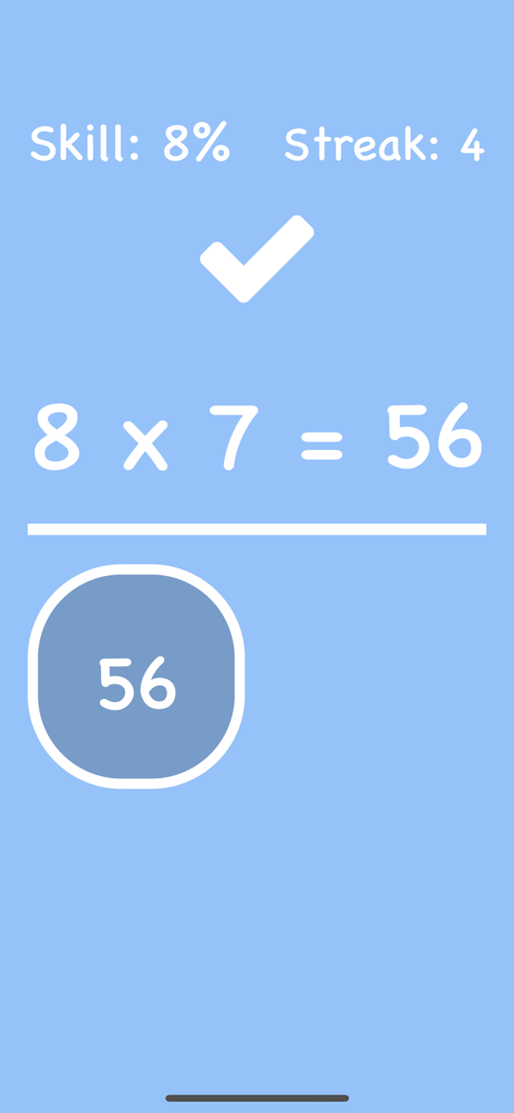 Pantalla de práctica de multiplicación que muestra 8 por 7 igual a 56 con una racha de habilidad