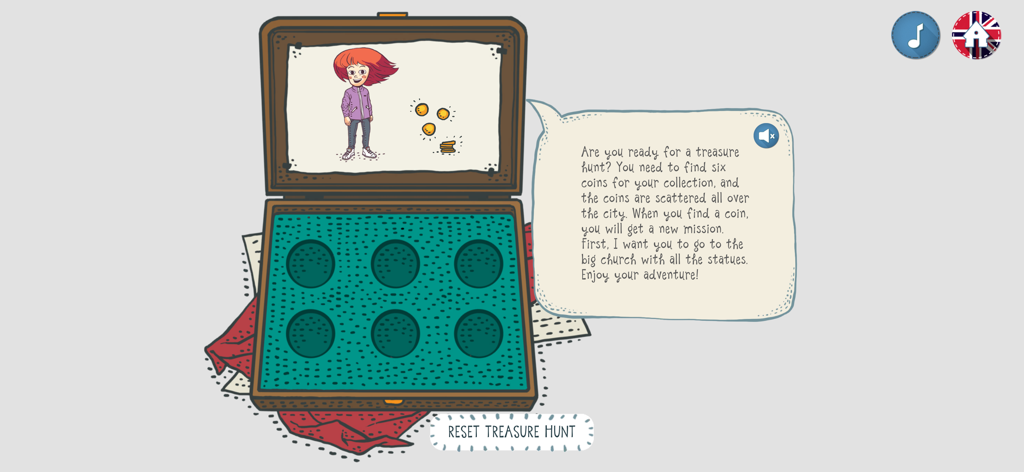 Time Travel Trondheim - A digital treasure hunt screen featuring a cartoon character and a coin collection box