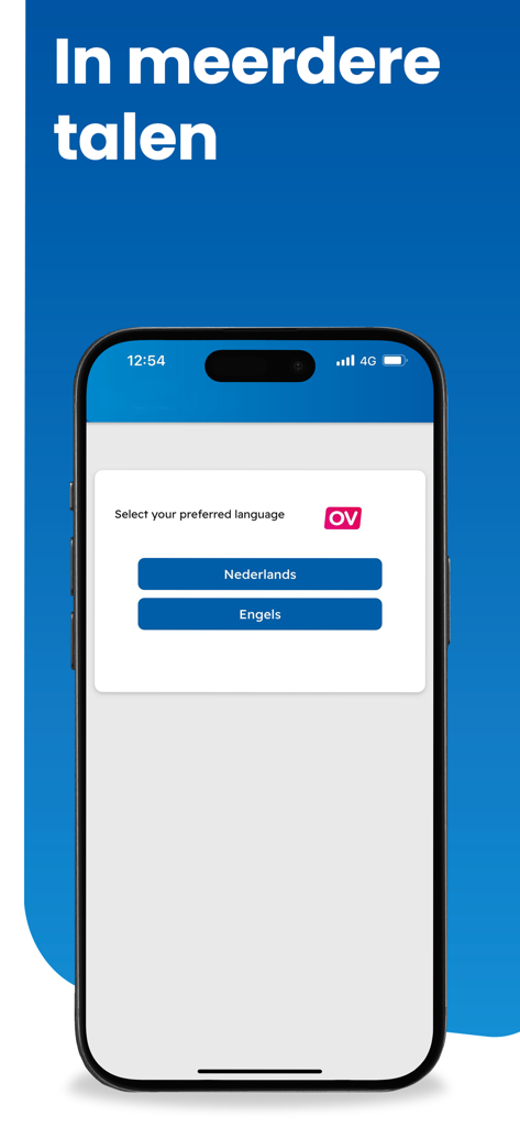 OV-app - Language selection screen in the OV-app featuring buttons for Dutch and English