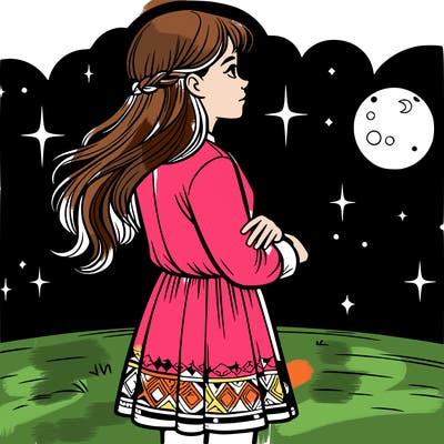 a realistic girl with long hair and a short dress  looks the night