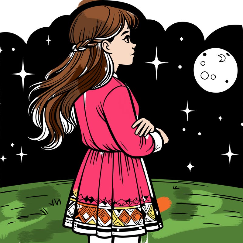 a realistic girl with long hair and a short dress  looks the night