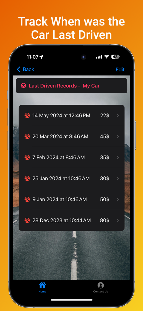 Car Log Diary screen showing a chronological list of dates and associated costs for when a vehicle was last driven