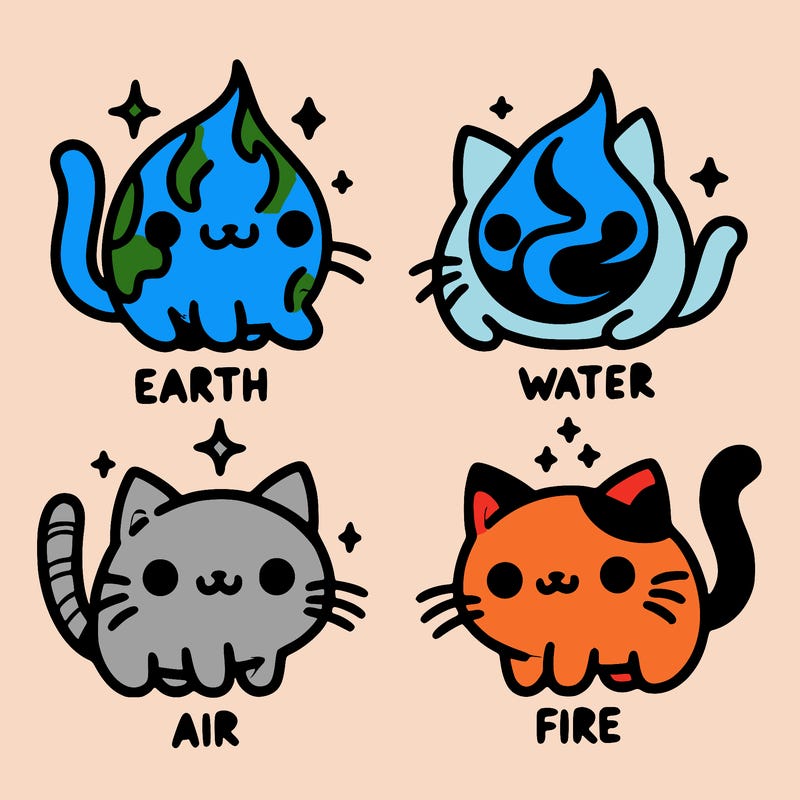 4 cats that represent the different elements, earth, water, air, and fire
