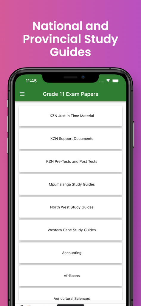 App interface showing a list of Grade 11 provincial study guides and subjects.