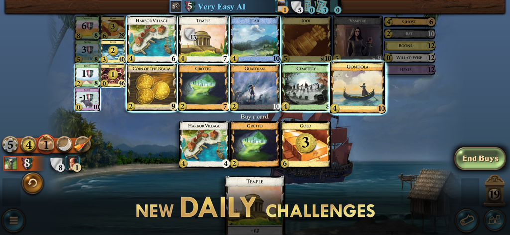 Tela de jogabilidade do aplicativo Dominion para celular mostrando o layout das cartas e o anúncio do desafio diário