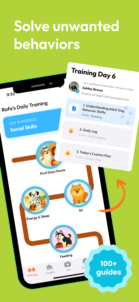 Dawgz AI - Health & Training - Screenshot of the Dawgz AI app showing a daily dog training roadmap with modules for social skills and behavior correction