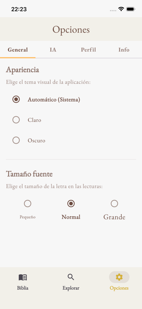 Menu de configurações do aplicativo Bibl-IA mostrando preferências de aparência e tamanho de fonte.
