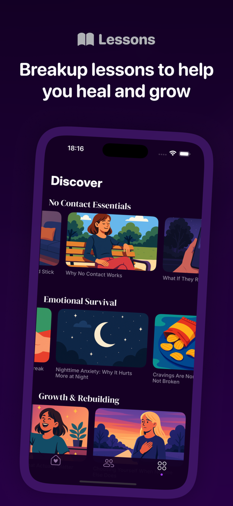 A smartphone showing the breakup lessons section of the No Contact Tracker app featuring expert lectures for healing and growth.