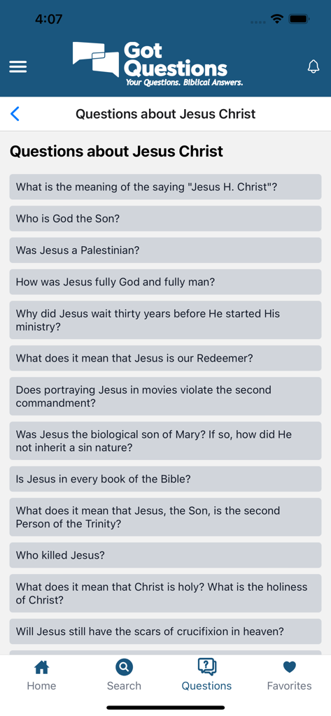 The interface of the Got Questions app showing a list of frequently asked biblical questions about Jesus Christ.