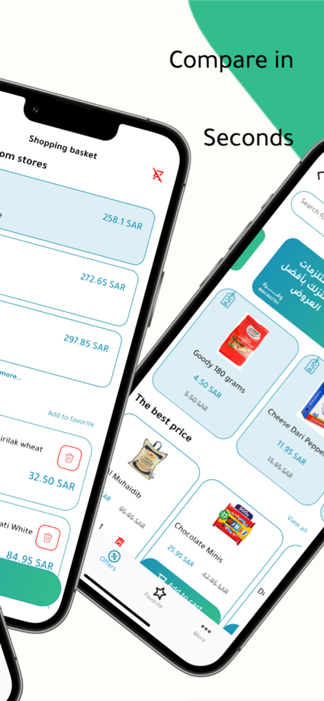 Wafrh | وفرة - Two mobile phones displaying the Wafrh app showing grocery item prices and total basket costs for different stores with the text Compare in Seconds.