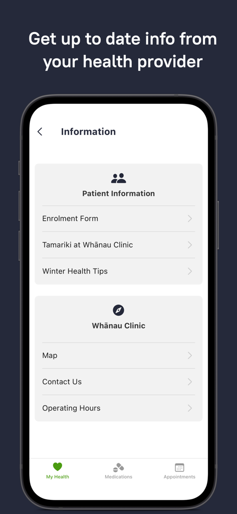 Better Health Outcomes - Information screen of the Better Health Outcomes app showing clinic details and patient resources
