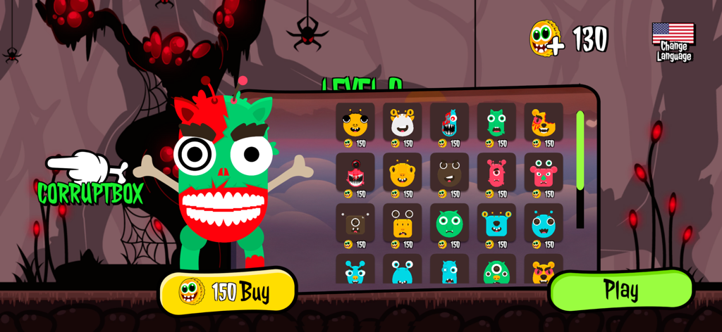 Corrupt Box Incredible Beats - Menu de seleção de personagens em Corrupt Box Incredible Beats com avatares de monstros assustadores e a interface da loja