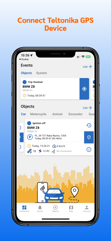 Floomli GPS for Teltonika - Oberfläche der Floomli GPS-App, die die Echtzeit-Fahrzeugverfolgung und den Status für Teltonika-Hardware anzeigt.