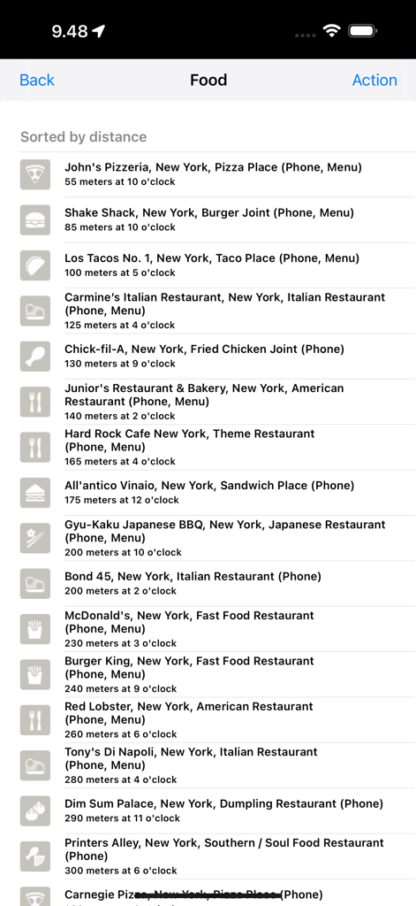 List of nearby restaurants in New York on BlindSquare app showing distance and direction using clock face logic for visually impaired users.