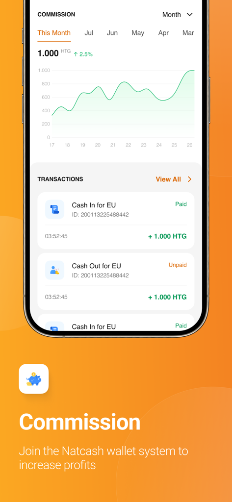 Pantalla de la aplicación Agente Natcash que muestra el gráfico de comisiones y el historial de transacciones