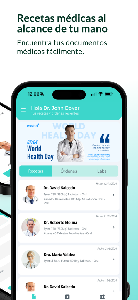Curana - Interface of the Curana app showing a list of digital medical prescriptions and doctor profiles in Spanish