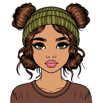 realistic girl with buns in her hair with a beanie on
