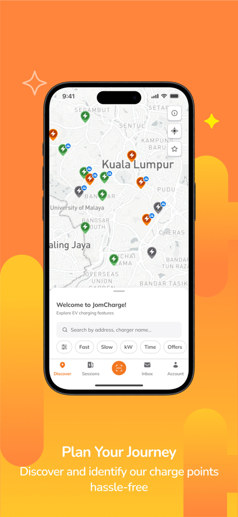 JomCharge - JomCharge app interface showing a map of EV charging stations with search and filter options