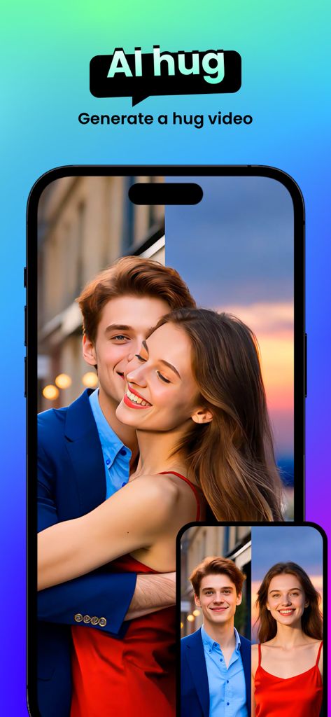 Smartphone screen showing the SnapMe app AI hug feature generating a video of a couple hugging from two separate photos.