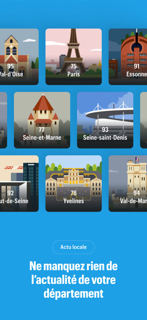 Le Parisien app screen for selecting local news by French department