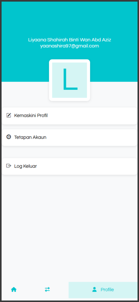 e-Insolvensi - User profile screen of the e-Insolvensi mobile app showing account settings and logout options
