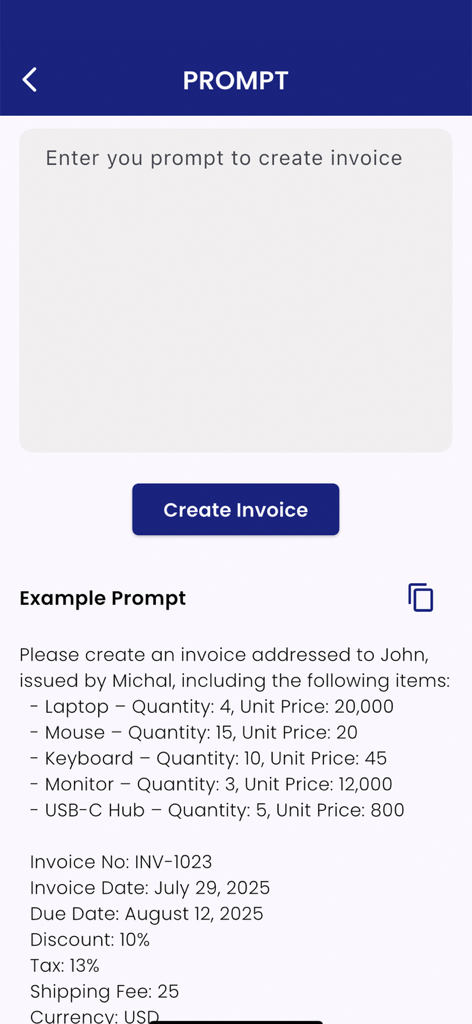 AI prompt interface for creating digital invoices and receipts