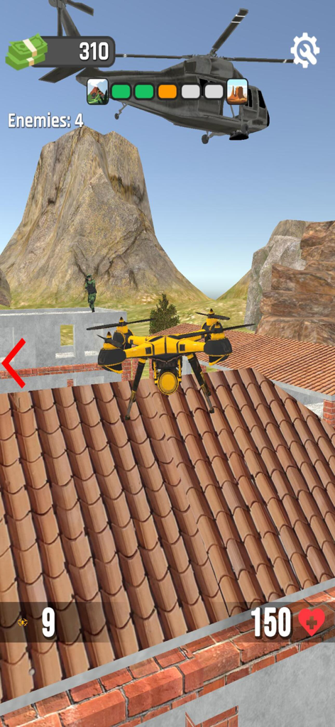 Yellow combat drone on a rooftop with a military helicopter in the background from Tank Assault Sniper Simulator