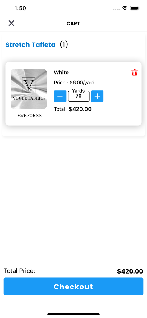 Vogue Fabrics app cart screen showing a bulk order of 70 yards of white stretch taffeta.