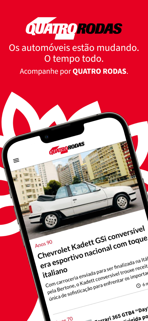 Quatro Rodas - Tela do aplicativo de carros Quatro Rodas com artigo sobre um Chevrolet Kadett GSi clássico